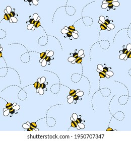 Seamless Pattern with flying bees. Vector Cartoon black and yellow bees flying on a dotted route isolated on blue background. 