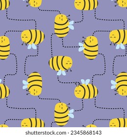 Seamless Pattern with flying bees. Vector Cartoon black and yellow bees isolated on blue background. Cartoon doodle cute bees seamless with dotted lines pattern.