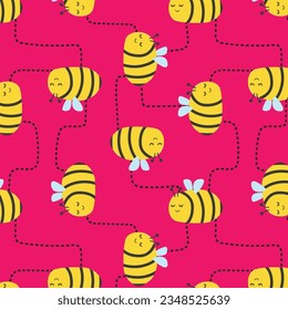 Seamless Pattern with flying bees. Vector Cartoon black and yellow bees flying on a dotted route isolated on pink background