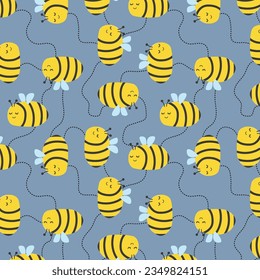 Seamless Pattern with flying bees. Vector Cartoon black and yellow bees flying on a dotted route isolated on blue background