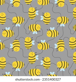 Seamless Pattern with flying bees. Vector Cartoon black and yellow bees flying on a dotted route isolated on blue background