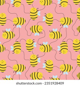 Seamless Pattern with flying bees. Vector Cartoon black and yellow bees flying on a dotted route isolated on pink background.