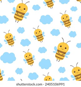 seamless pattern with flying bees, vector cartoon yellow bees and blue clouds isolated on white background