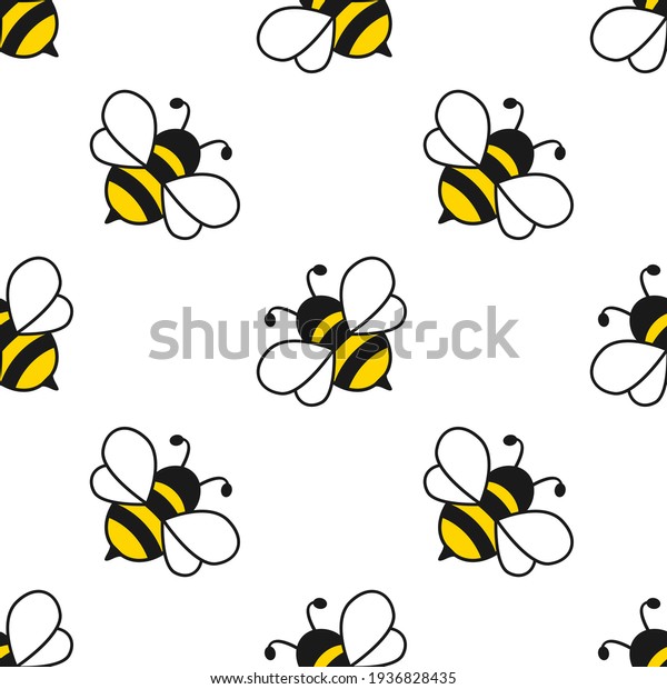 Seamless pattern with\
flying bees. Vector cartoon black and yellow bees isolated on white\
background.