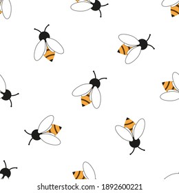 Seamless pattern. Flying bees or wasps. Endless pattern of insects on a white background. For textile decoration, packaging and decoration. Vector illustration. Flat style.