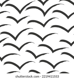 Seamless pattern of the flying bird sign symbol. Seamless vector abstract monochrome drawing, hand-drawn. Ink illustration. Hand-drawn ornament for wrapping paper, textiles, wallpaper.