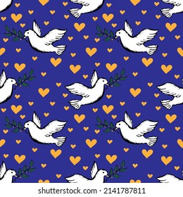 Seamless pattern with a flying bird as a symbol of peace in blue and yellow colors of ukrainian flag. Modern print for fabric, textiles, wrapping paper. Vector illustration