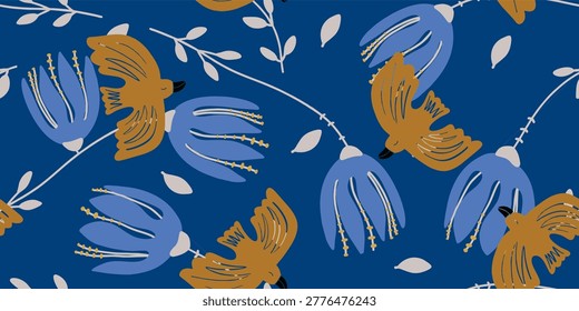 Seamless Pattern with Flying Birds and Blue Flowers