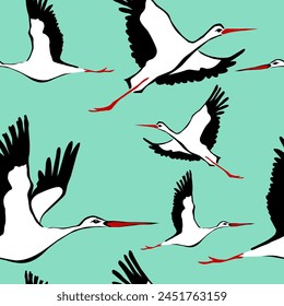 Seamless pattern with flying birds. Crane. Heron. Japanese pattern. Ornament with oriental motifs. Not AI, Vector illustration.