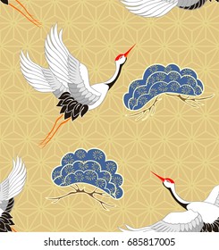 Seamless pattern with flying birds. Crane. Heron. Japanese pattern. Ornament with oriental motifs. Vector.