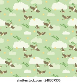 Seamless pattern of flying birds with green branch, flowers and clouds.