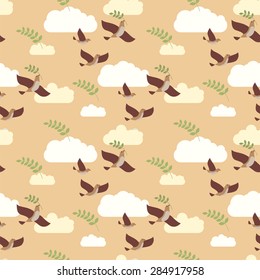 Seamless pattern of flying birds with green branch and clouds.