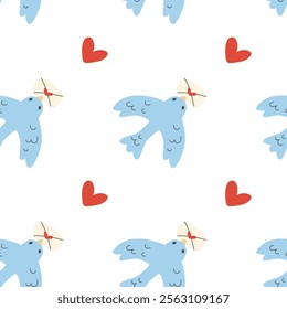 Seamless pattern with flying birds holding a love message in their beak