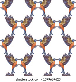 Seamless pattern of flying birds on a white background.