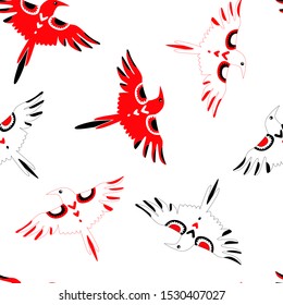 Seamless pattern with flying birds on white background. Birds in folk North American style