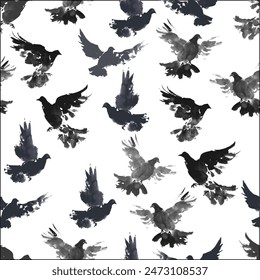 Seamless pattern with flying birds painted with ink on white background. Can be used for wallpaper, pattern fills, textile, web page background, surface textures