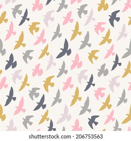 Seamless pattern of flying birds. Pastel background. Vector endless texture. Retro colors.