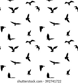 Seamless pattern of flying birds silhouettes on white background. Vector illustration