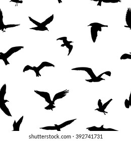 Seamless pattern of flying birds silhouettes on white background. Vector illustration