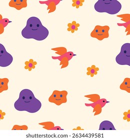 Seamless pattern with flying birds, smiling blobs, and flowers in bright pink, orange, and purple tones. Joyful abstract cartoon composition.