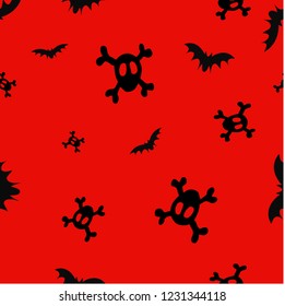 Seamless pattern with flying black bats silhouettes and fantastic skulls on red background for Halloween. Vector illustration. Autumn party. Trick or treat. 