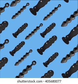 seamless pattern with flying black Dildo on a blue background