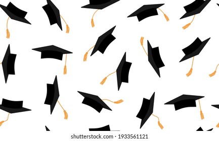 Seamless pattern of flying black square academic caps with gold tassel. Graduation. Beautiful mortarboard. Vector illustration.