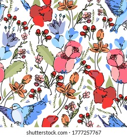 Seamless pattern. Flying blue birds, peonies, poppy, wildflowers, hedgehogs berries, cornflower with leaves on a light. For gift paper, textiles, wallpaper and more. Stock Modern Hand Drawn Vector