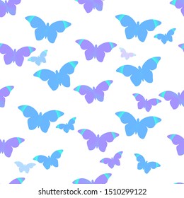 Seamless pattern: flying blue and purple Morpho butterflies on a white background. Vector. Illustration.