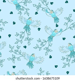 Seamless pattern with flying budgies. Vector graphics.