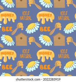 Seamless  Pattern with Flying Bumble Bees. The bee is holding a spoon with honey. Print for wallpaper, textiles, fabric. Cute cartoon character vector illustration. Hand drawn colored trendy