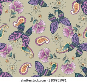 
Seamless pattern of flying butterflies in beige, purple and orange colors. Vector illustration in vintage style on white background.
