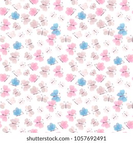 Seamless pattern of flying butterflies blue, pink and brown colors. Vector summer design. Print for fabric, paper, wallpaper.