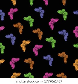  Seamless pattern of flying butterflies blue  brown  orange  green and pink colors. Vector illustration in vintage style on black background.