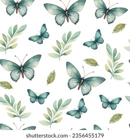 Seamless pattern of flying butterflies blue, yellow and brown colors. Vector illustration in vintage style on white background.