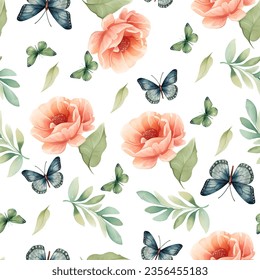 Seamless pattern of flying butterflies blue, yellow and brown colors. Vector illustration in vintage style on white background.