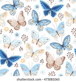 Seamless pattern of flying butterflies blue, yellow and brown colors. Vector illustration in vintage style on white background.