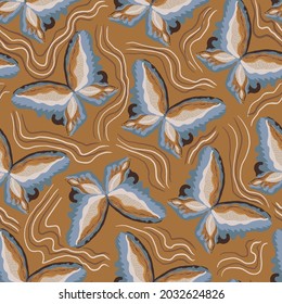 Seamless pattern of flying butterflies. Cute illustration in a hand-drawn style with textured elements. Children repeat the background for the fabric design.