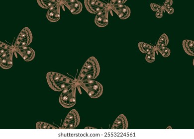 Seamless pattern flying butterflies. Deep green and gold foil illustration. Template for fabrics, textiles, pillows, clothes, interior decorations, paper, wallpaper, curtains. Trendy background.