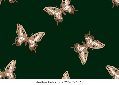 Seamless pattern flying butterflies. Deep green and gold foil illustration. Template for fabrics, textiles, pillows, clothes, interior decorations, paper, wallpaper, curtains. Trendy background.