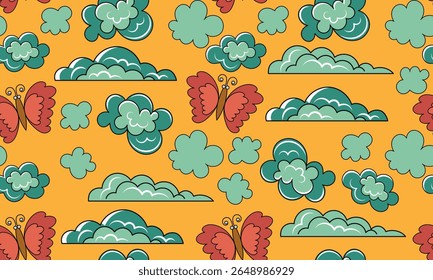 Seamless pattern with flying butterflies and different clouds on a yellow background. Vector illustration
