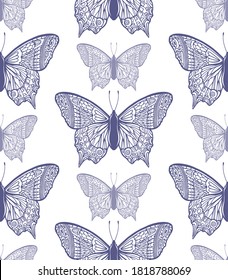 Seamless pattern with flying butterflies and flowers in vintage  style, vector illustration. Freehand linear ink hand drawn logo in art retro
