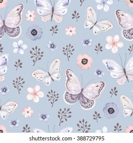 Seamless pattern with flying butterflies and flowers in blue mat background, vector illustration.