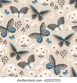 Seamless pattern with flying butterflies and flowers. Colorful vector illustration.