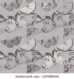 Seamless pattern with flying butterflies, in gray colors

