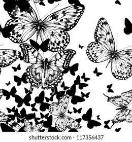 Seamless pattern with flying butterflies, hand drawing. Vector illustration.