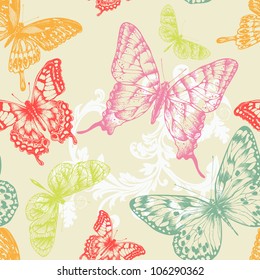 Seamless pattern with flying butterflies, hand-drawing. Vector illustration.