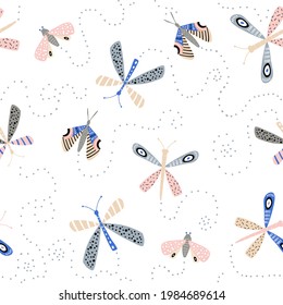 Seamless pattern with flying butterflies, moths scandinavian style. Modern butterfly texture .Vector modern background