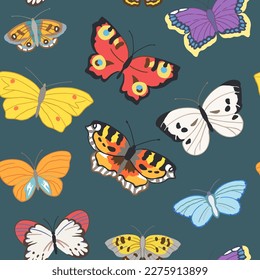 Seamless pattern of flying butterflies in red, yellow, white, orange and other colors. Vector illustration in vintage style on a white background.