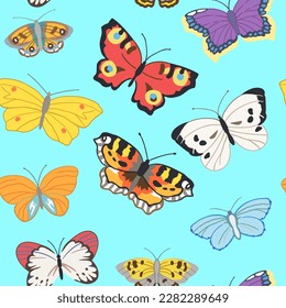 Seamless pattern of flying butterflies in red, yellow, white, orange and other colors. Vector cute illustration on a turquoise background.